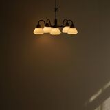 A modern Danish chandelier with 5 heads in opaline glass and brass, Art Deco, 1940s.