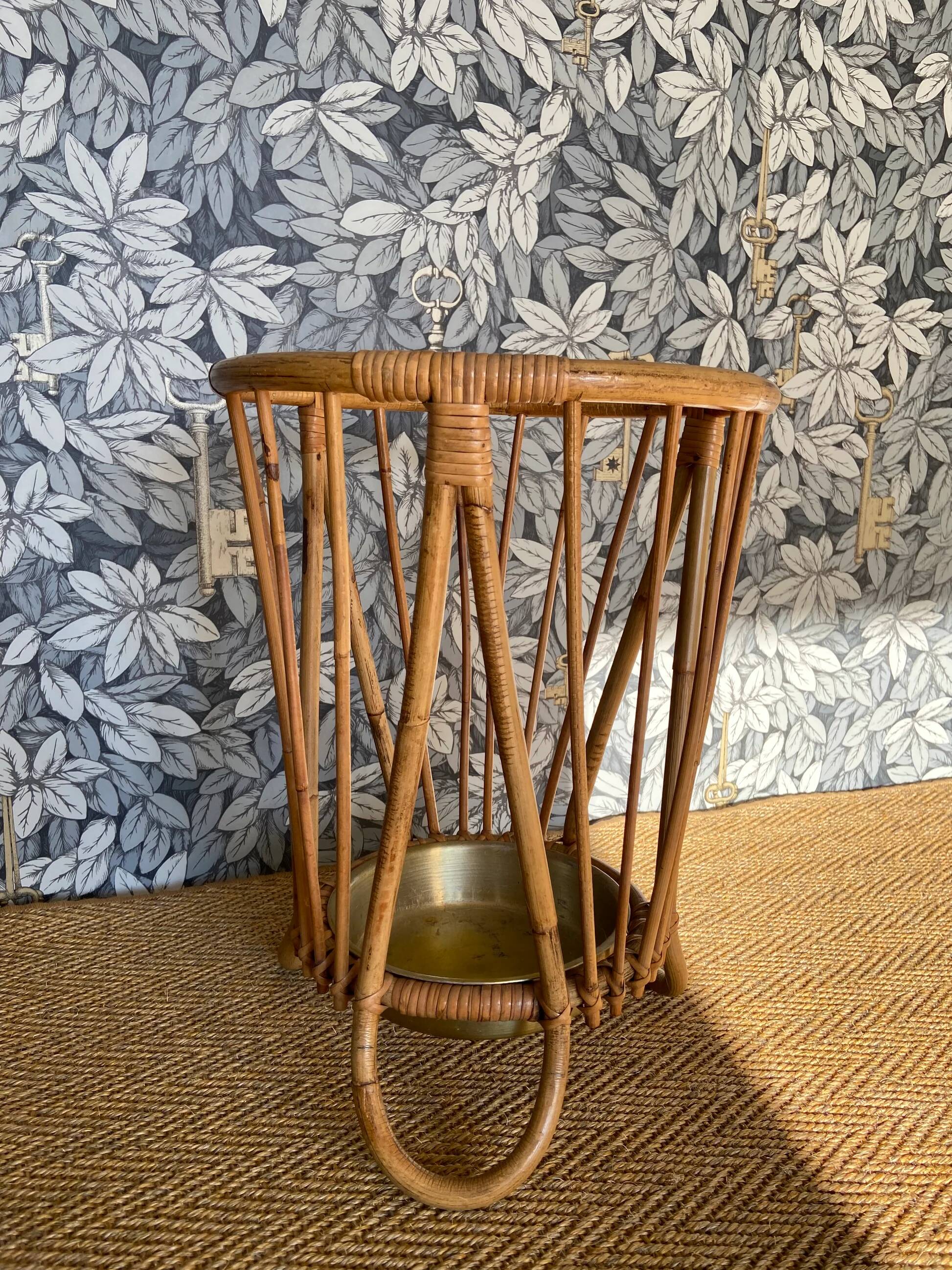 Bamboo and rattan umbrella stand with metal drip tray in the style of Franco Albini, Italy, 1960s