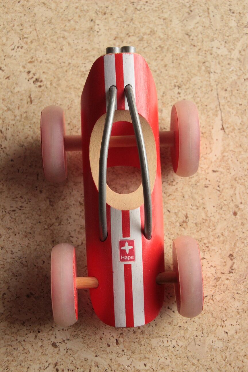 Wooden toy E Racer Hape formula 1 in red bamboo