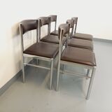 Set of 6 vintage chairs from the 70s in chrome metal and brown faux leather.