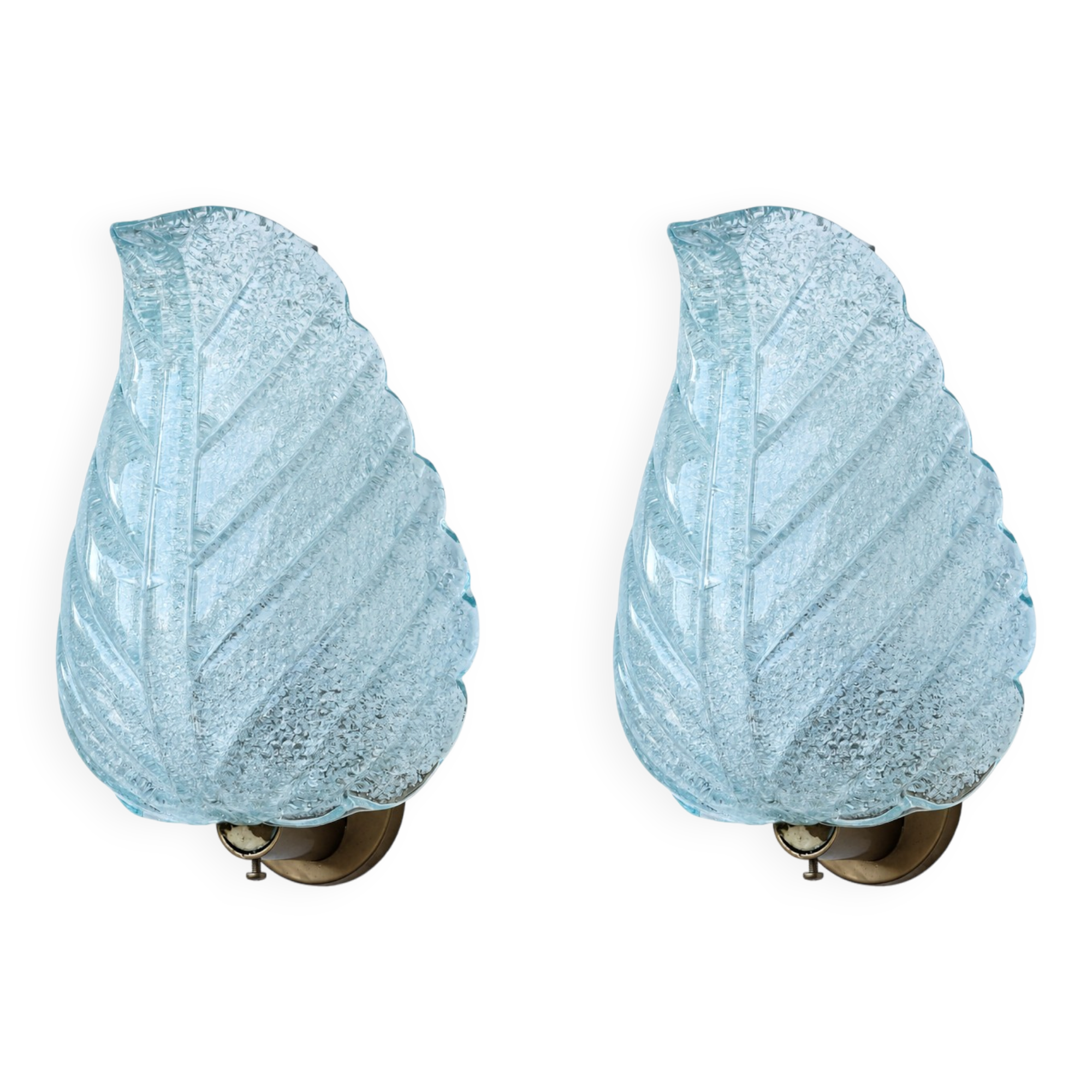 Set of 2 Wall Light Blu colour Murano Glass Leave by Barovier e Toso, 1950s