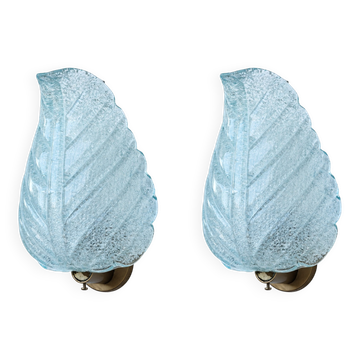 Set of 2 Wall Light Blu colour Murano Glass Leave by Barovier e Toso, 1950s