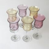 6 old pearlescent iridescent foot glasses - Old pink and amber