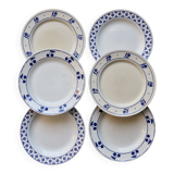6 mismatched vintage flat plates in blue and white porcelain