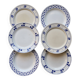 6 mismatched vintage flat plates in blue and white porcelain