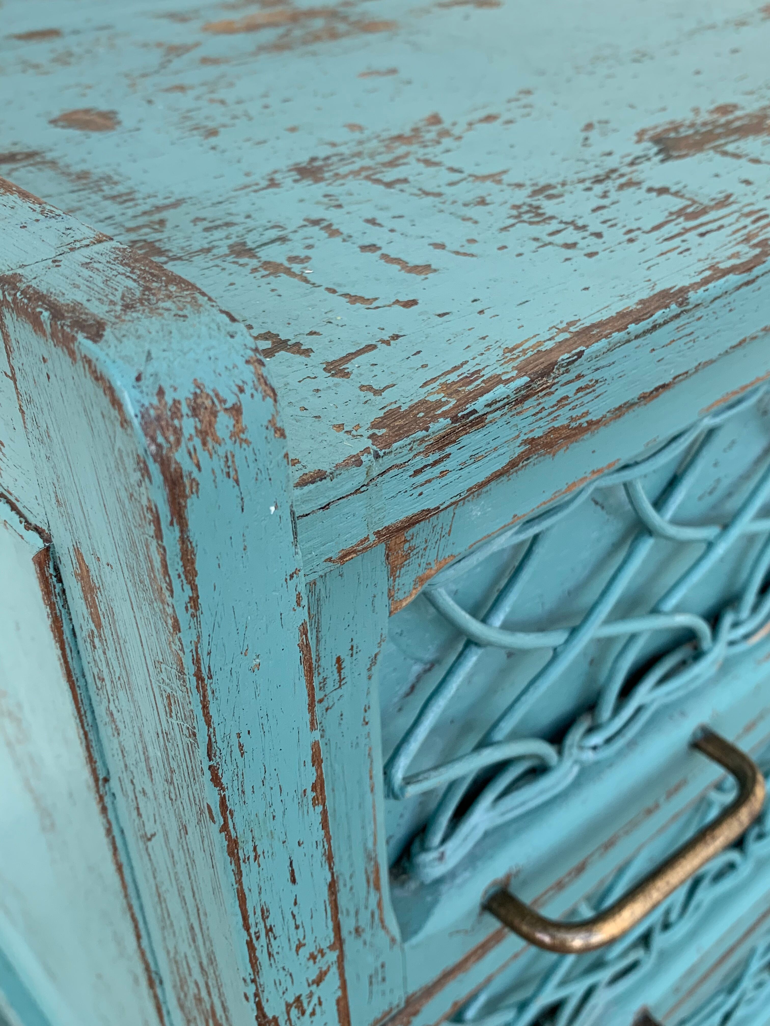 Vintage chest of drawers wood and rattan patina turquoise 1950