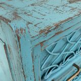 Vintage chest of drawers wood and rattan patina turquoise 1950