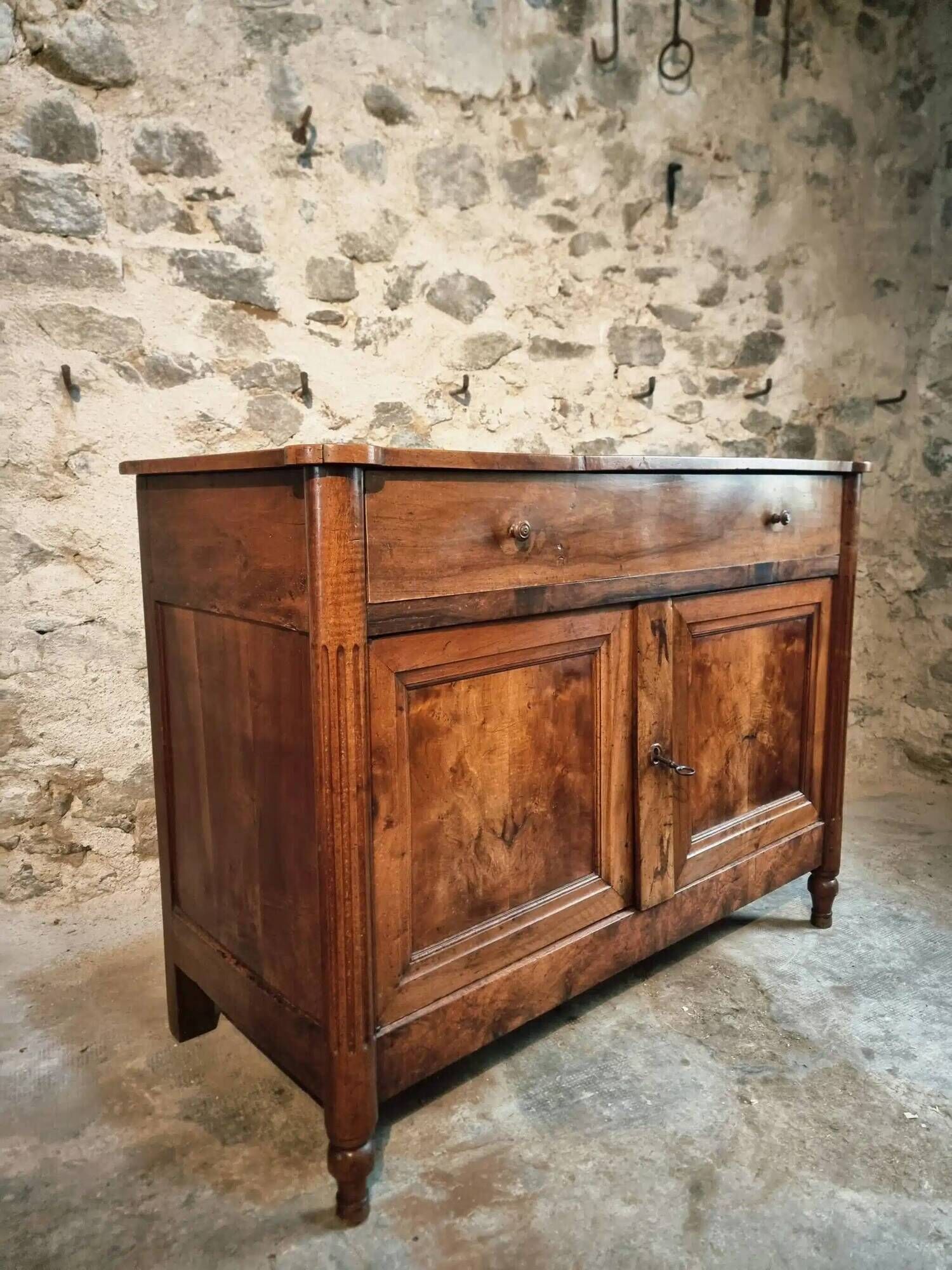 Antique French Walnut Sideboard - 19th Century Buffet with Drawer and Double Doors - Rustic Farmhouse Storage