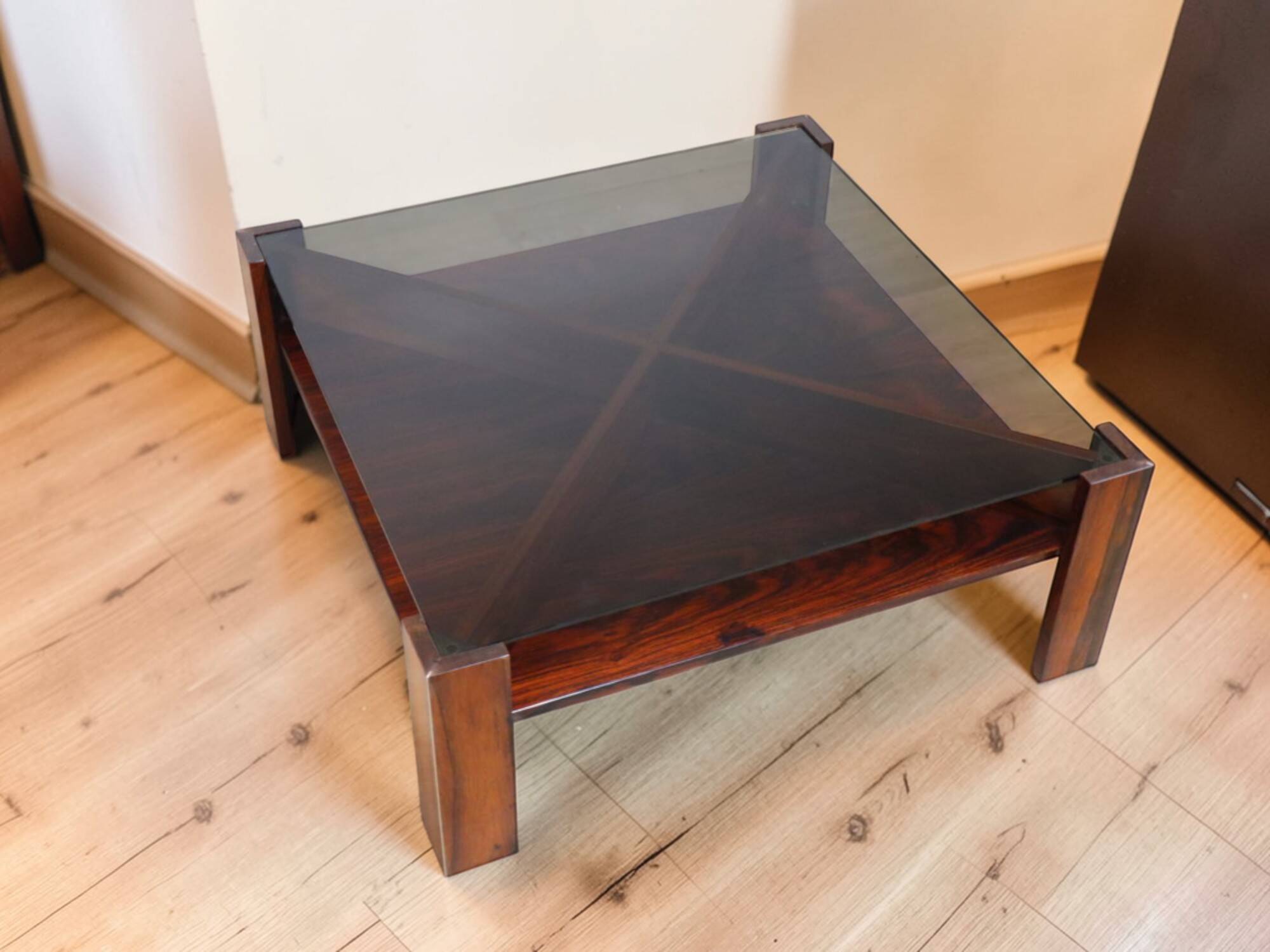 Scandinavian coffee table Mobelintarsia – Rosewood & smoked glass – 1960s