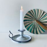 Antique candle holder in white and blue enamelled metal