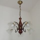 French Mid-Century Bronzed Metal & Wood 5-Light Chandelier with Glass Shades