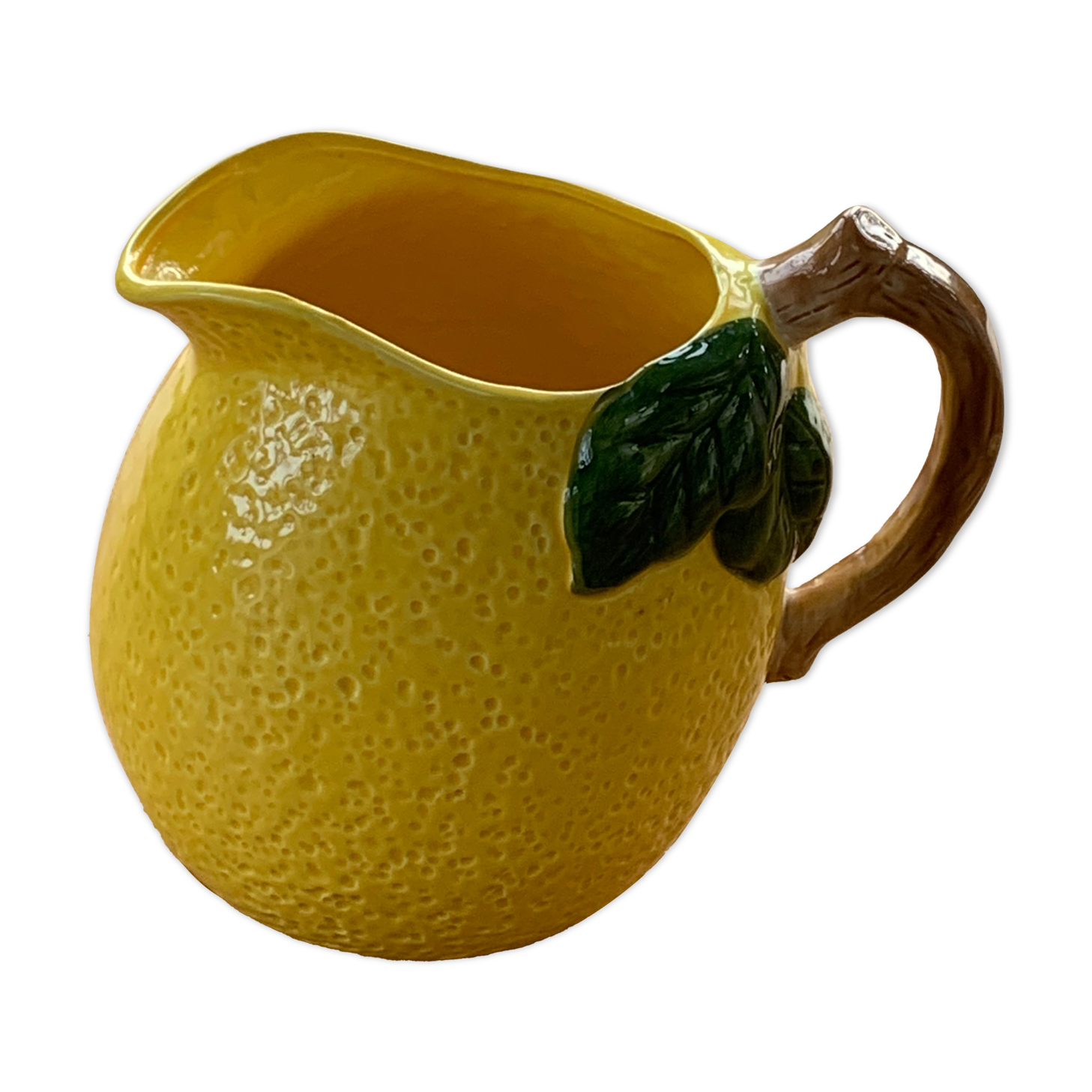 Lemon pitcher in ceramic slurry glazed yellow and green vintage