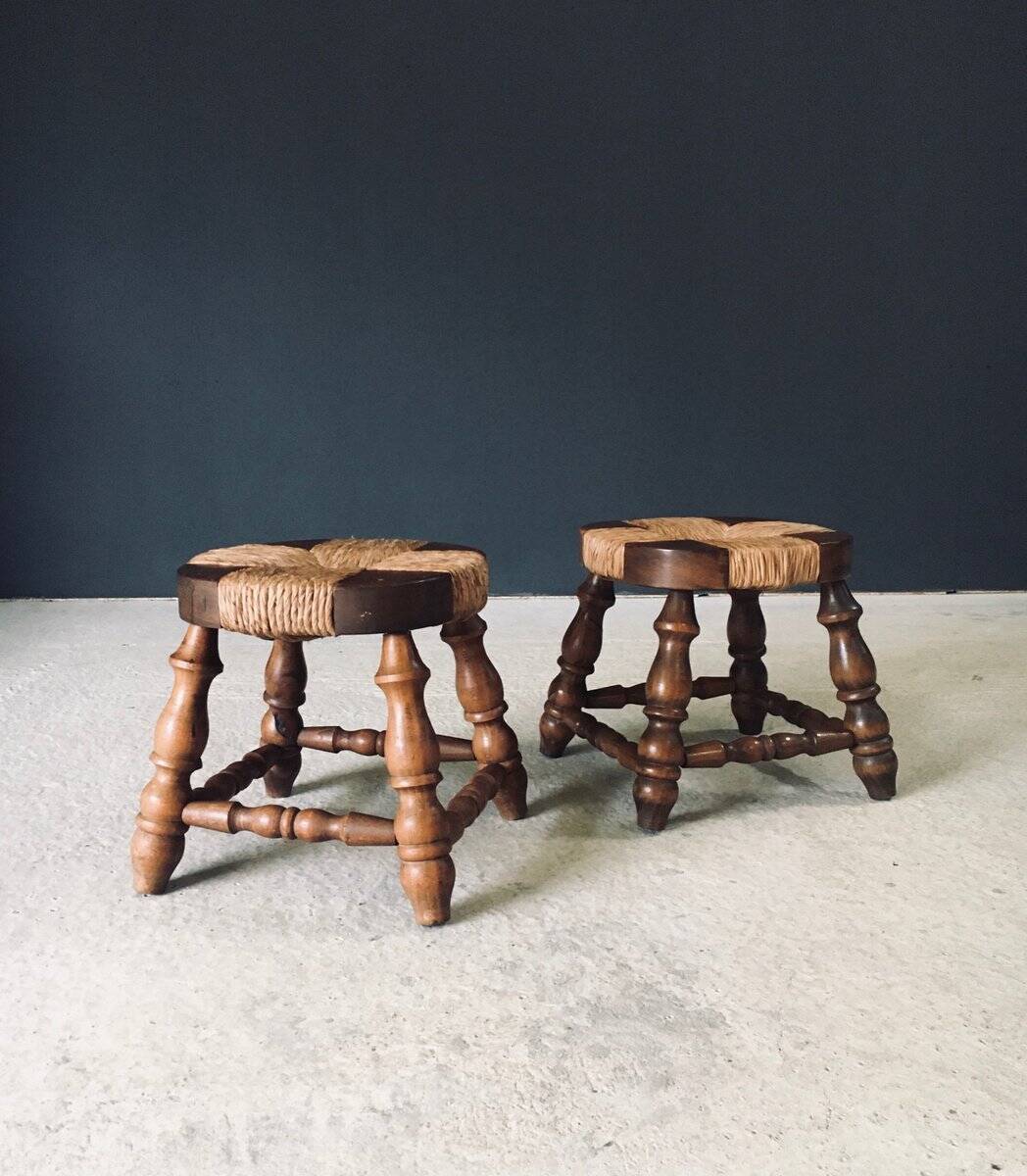 Rustic Low Oak and Rush Stools in the style of Charles Dudouyt, France, 1940s, Set of 2