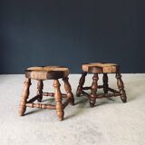 Rustic Low Oak and Rush Stools in the style of Charles Dudouyt, France, 1940s, Set of 2