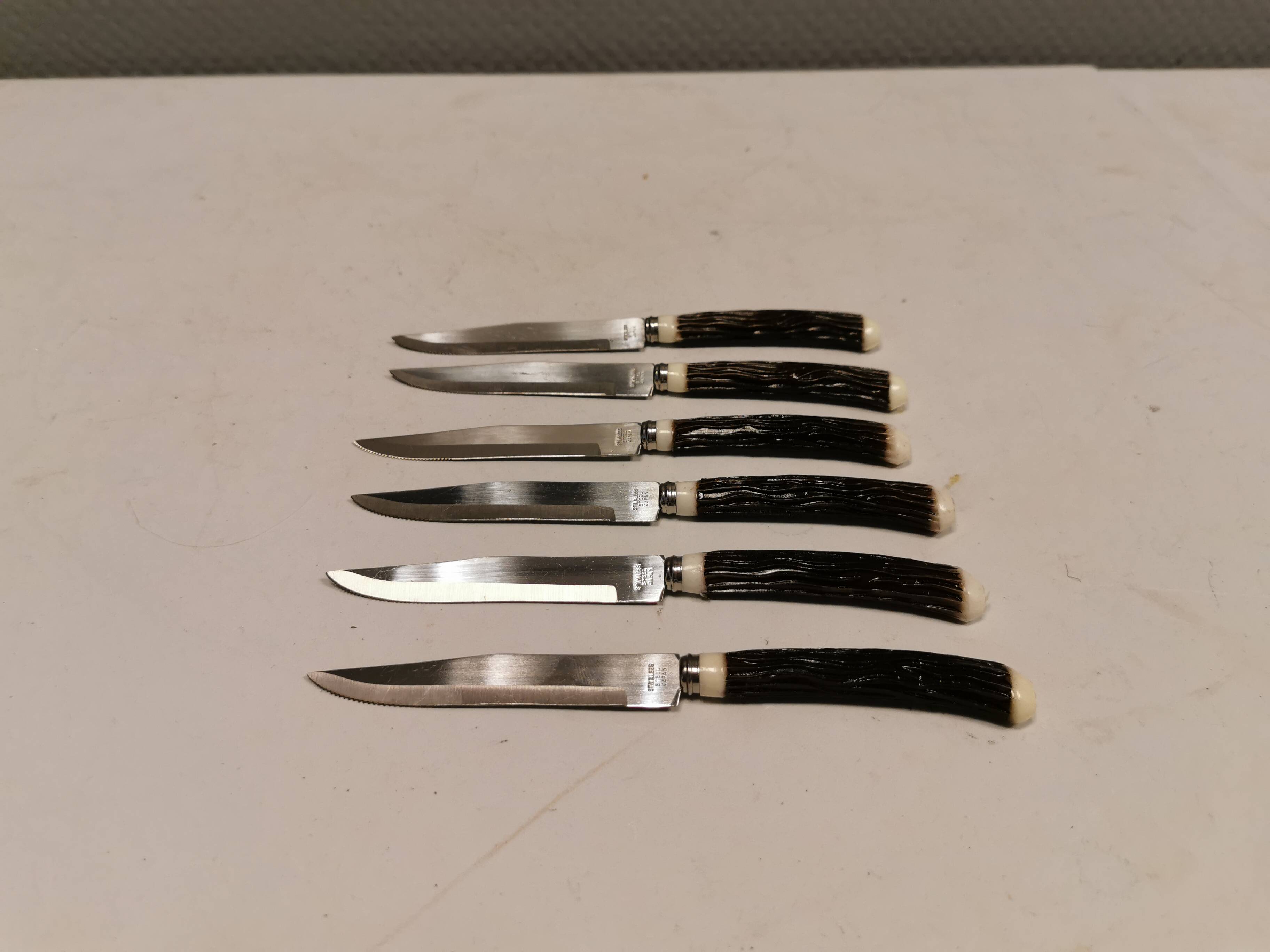 Six delicious stainless steel steak knives with bone handles, from Japan