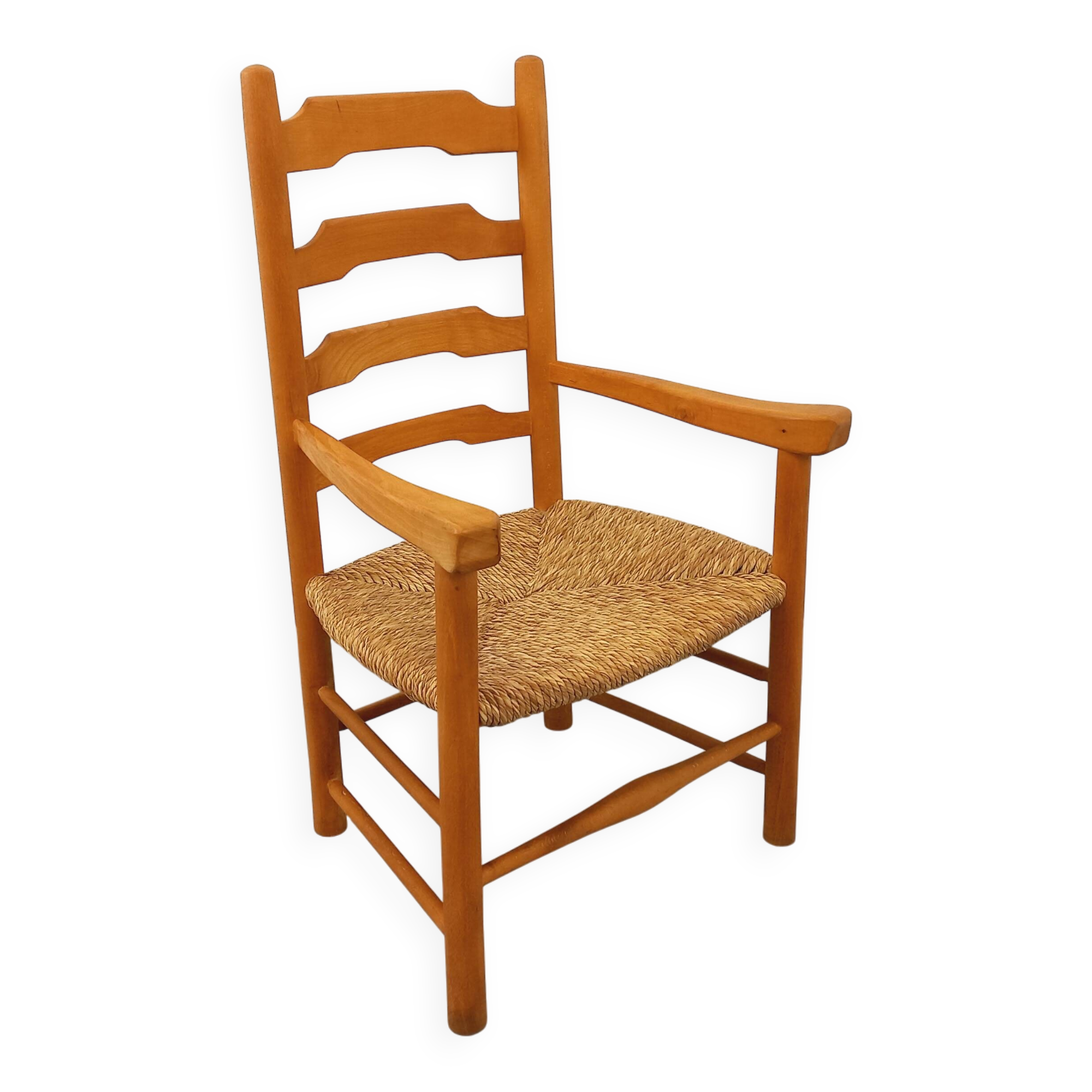 Vintage armchair in beech wood and straw from the 1950s.