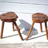 Pair of brutalist tripod wood stools