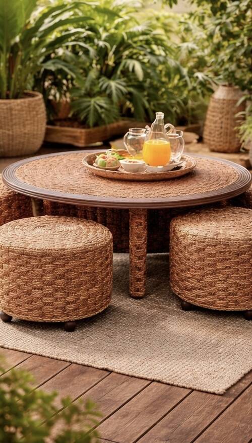 Coffee table and 4 stools in the style of Audoux & Minet.