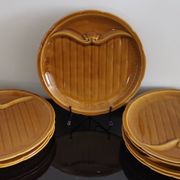 8 vintage Gien France asparagus plates in glazed brown slip
