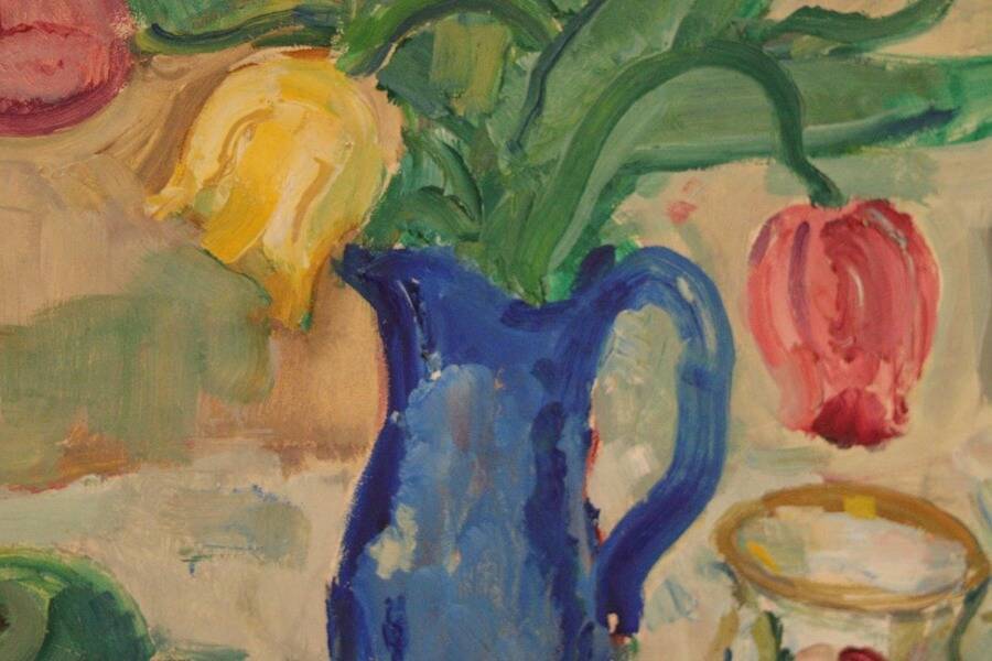 Original mid-century Swedish oil on panel – “Tea” by Karl Enoch Ohlsson – vintage & framed – 56 × 64 cm