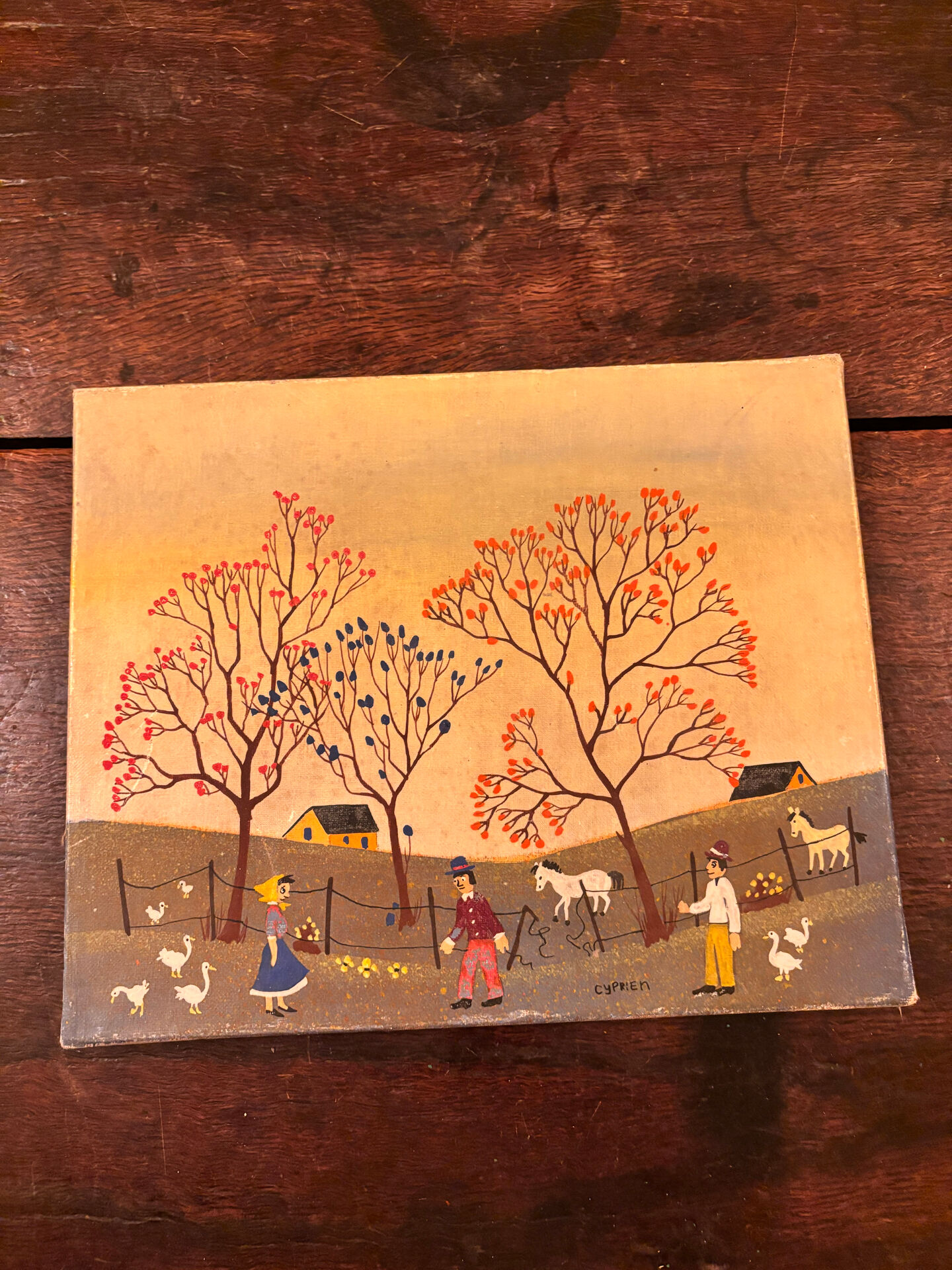 Tableau d'art naïf vintage - Scène champêtre. Art populaire