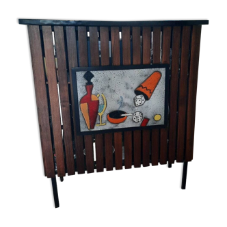 Order No. 100191372 Vintage cocktail bar furniture with teak slats, earthenware and black top