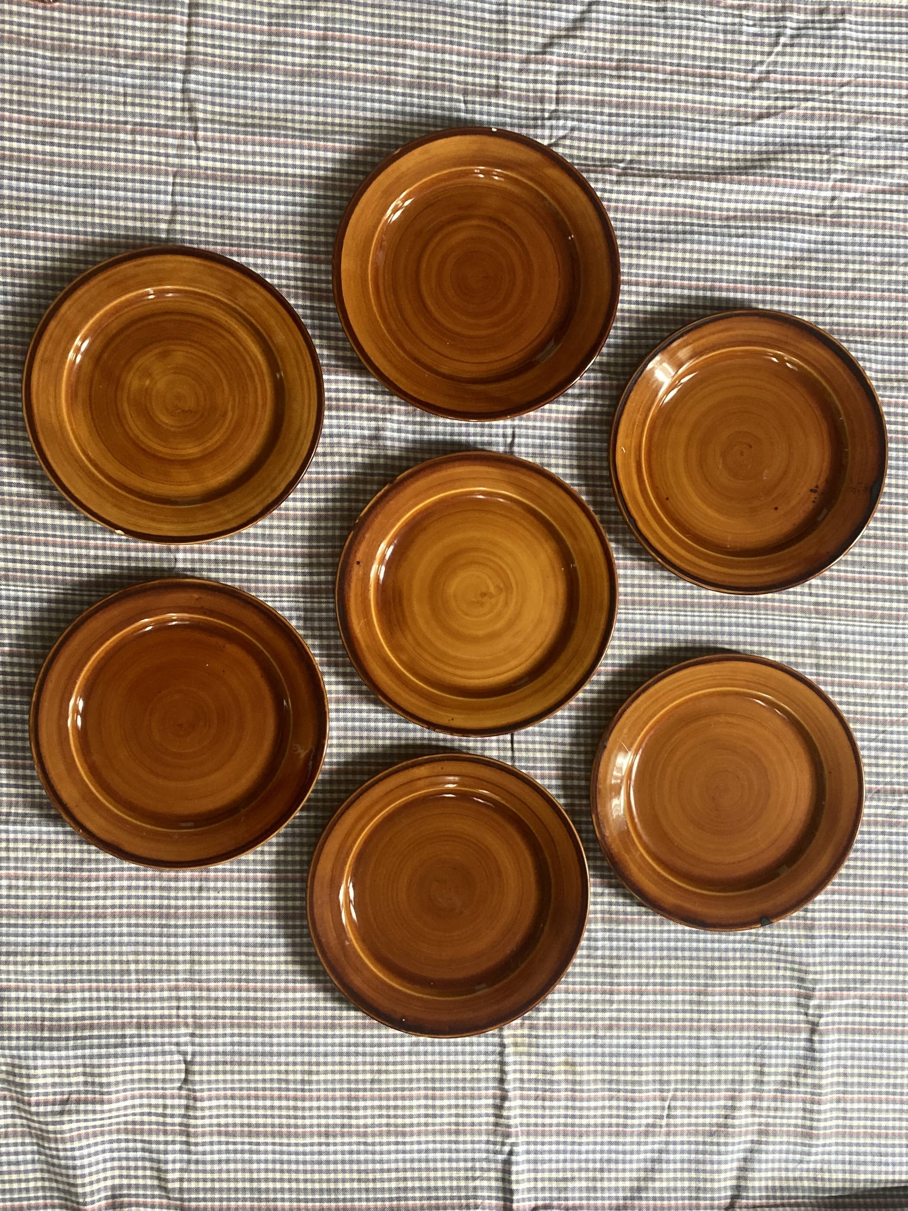 7 flat plates in earthenware Saint Clément vintage brown