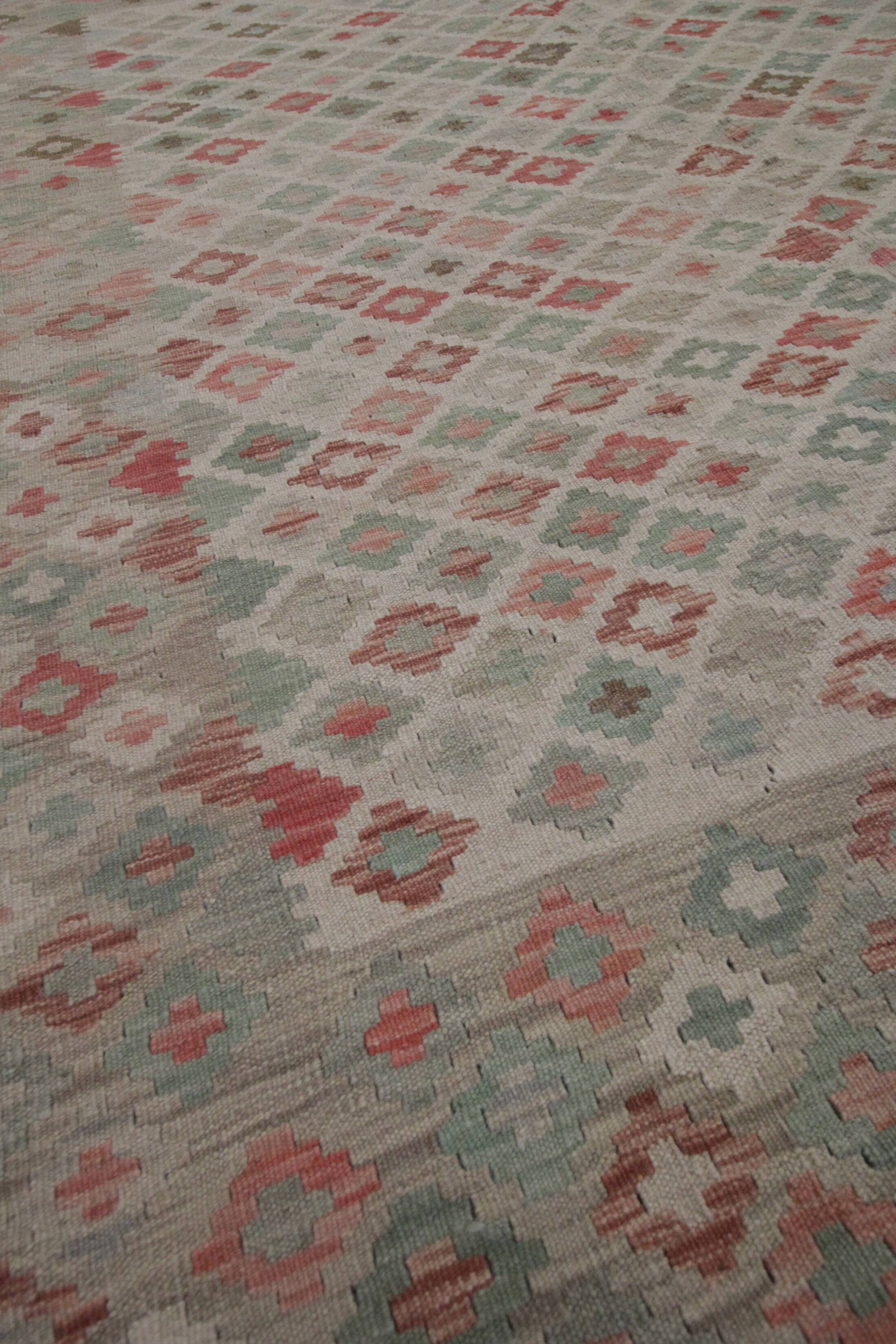 Geometric Kilim Rug Grey, Afghan Wool Carpet Handmade, Neutral Rustic Home