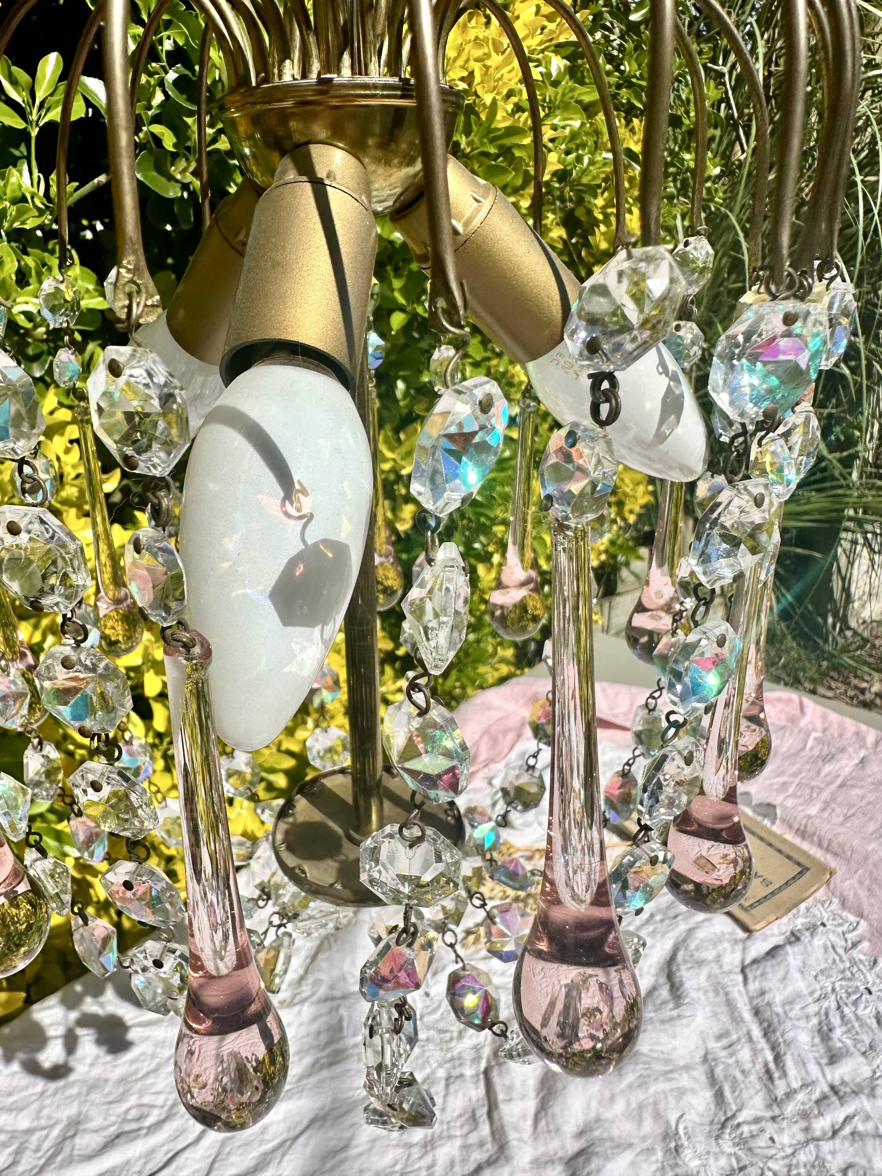 Magnificent Cascade Chandelier in Brass & Crystal Glass 1970s Vintage