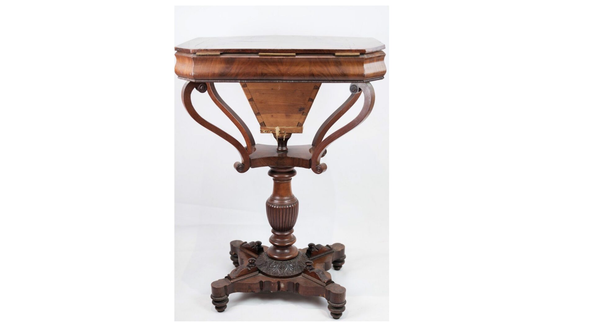 Antique mahogany sewing table on a pillar from around the year 1840s