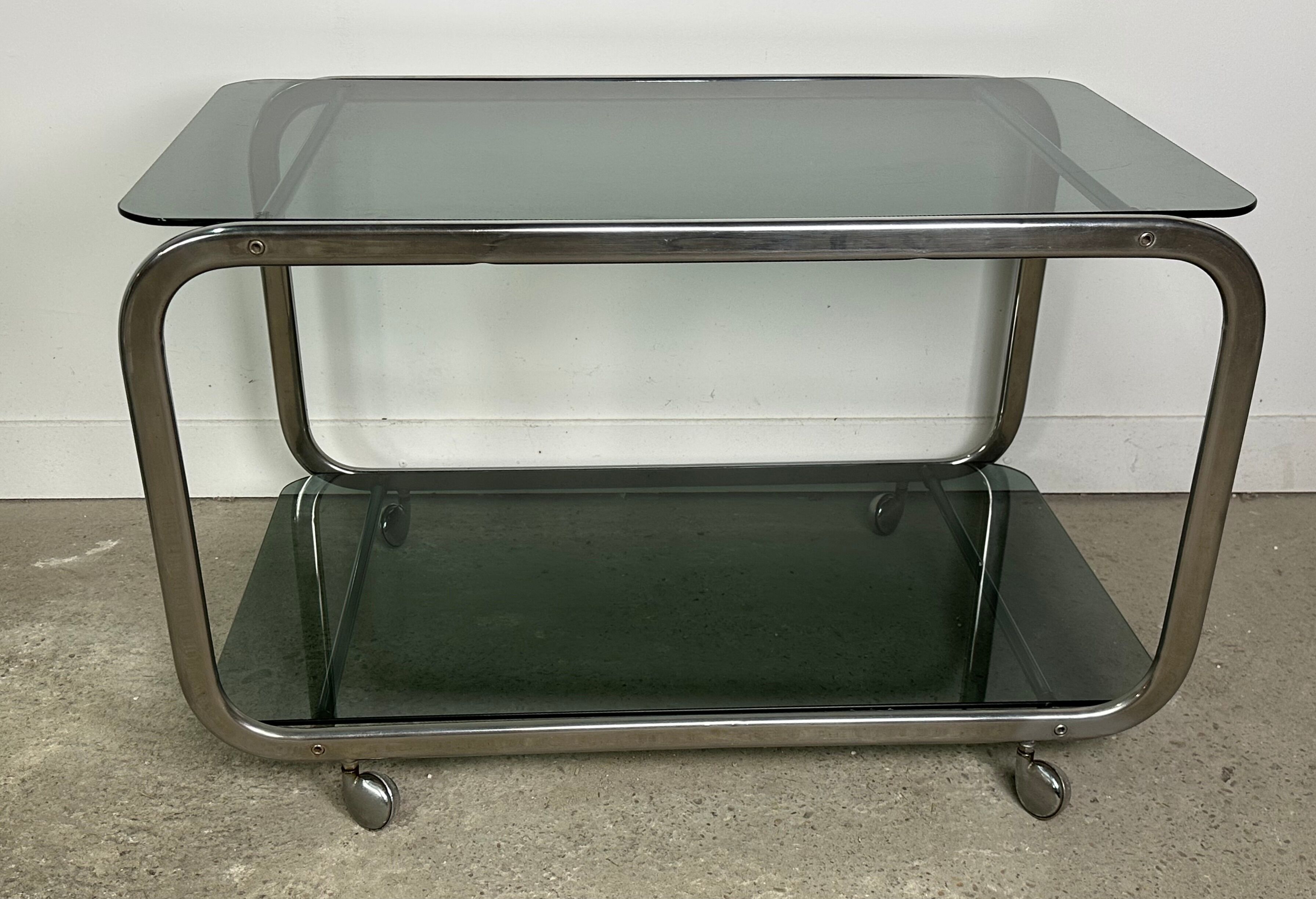 Dessert / rolling table vintage 60'S silver metal top smoked glass
