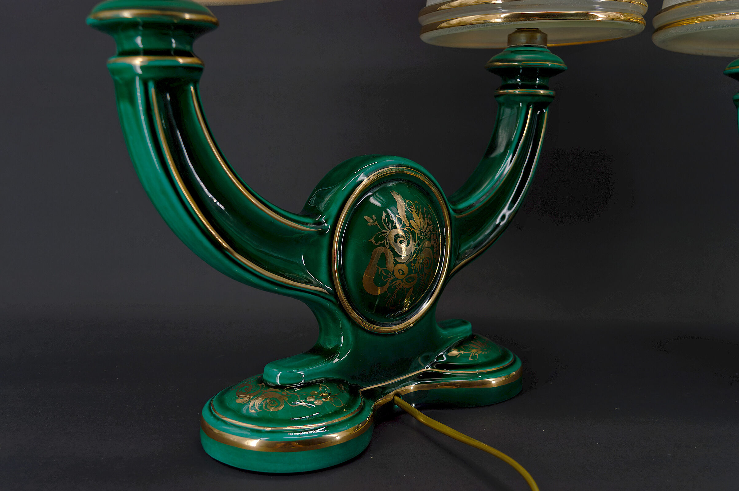 Pair of lamps in green and gold earthenware, circa 1940