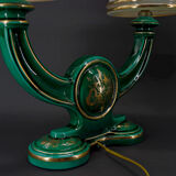Paire de lampes en faïence verte et dorée, circa 1940