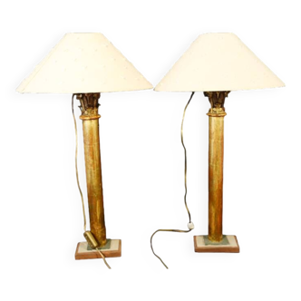 Pair Of Column Lamps, Corinthian Capitals, Golden Wood