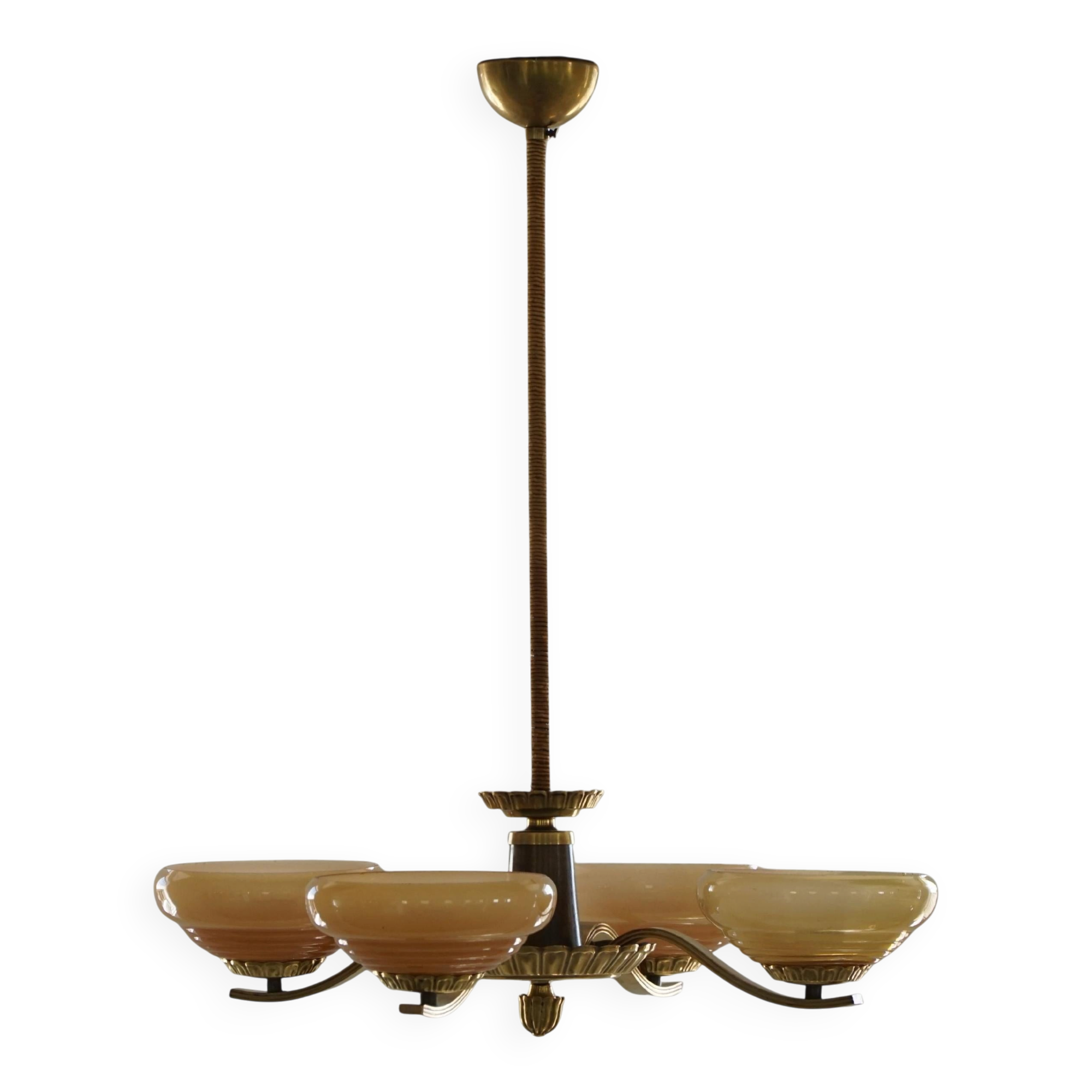 Art Deco chandelier with 4 branches in glass and brass, Sweden, 1940s