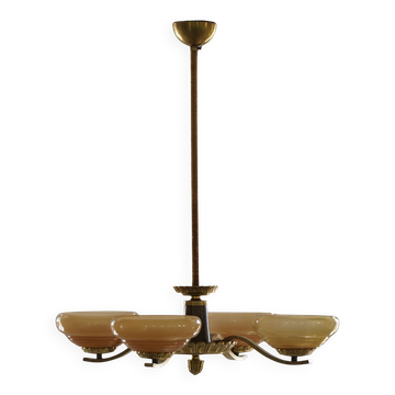 Art Deco chandelier with 4 branches in glass and brass, Sweden, 1940s
