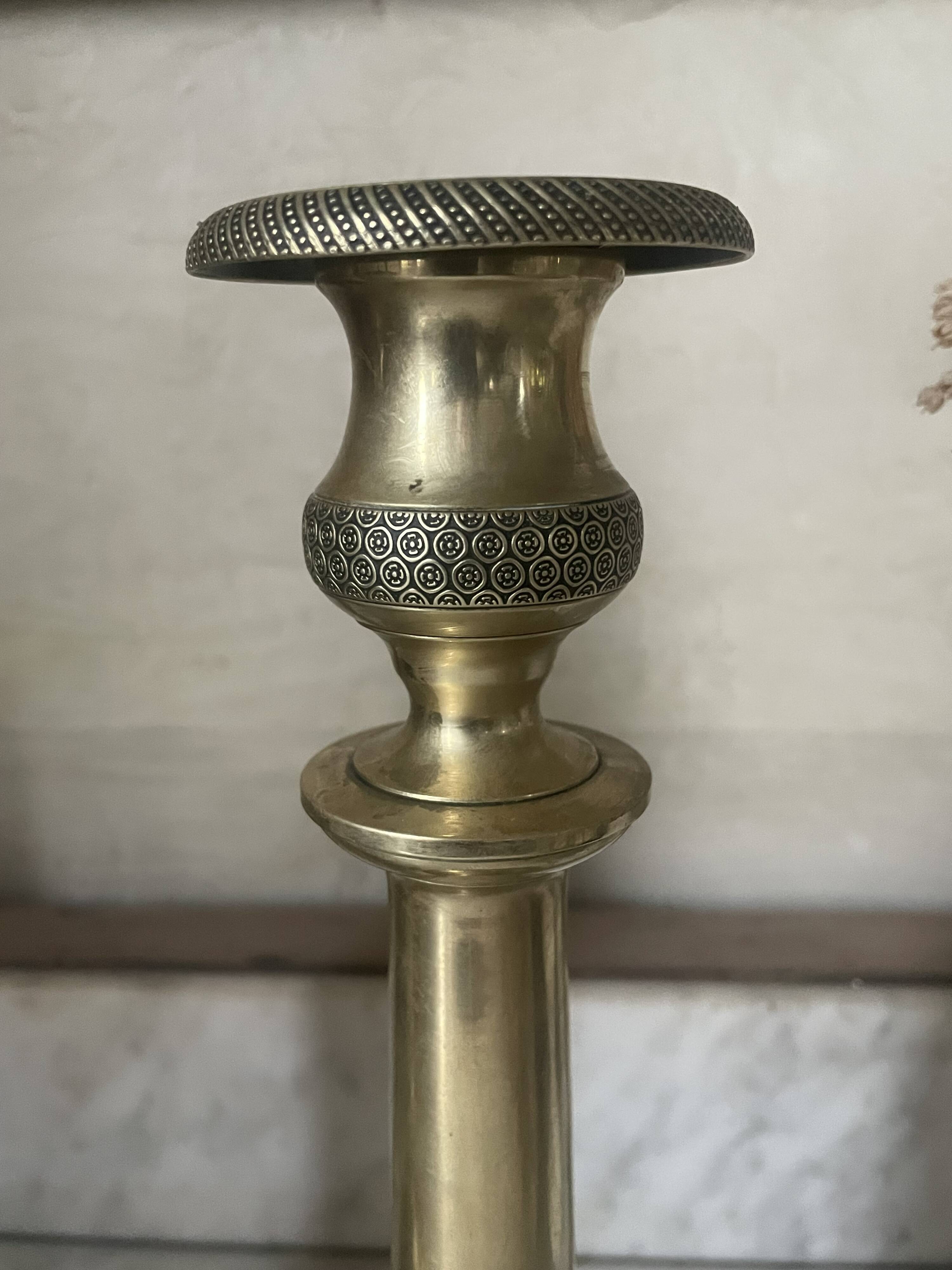 Pair of 19th century guilloche brass candlesticks