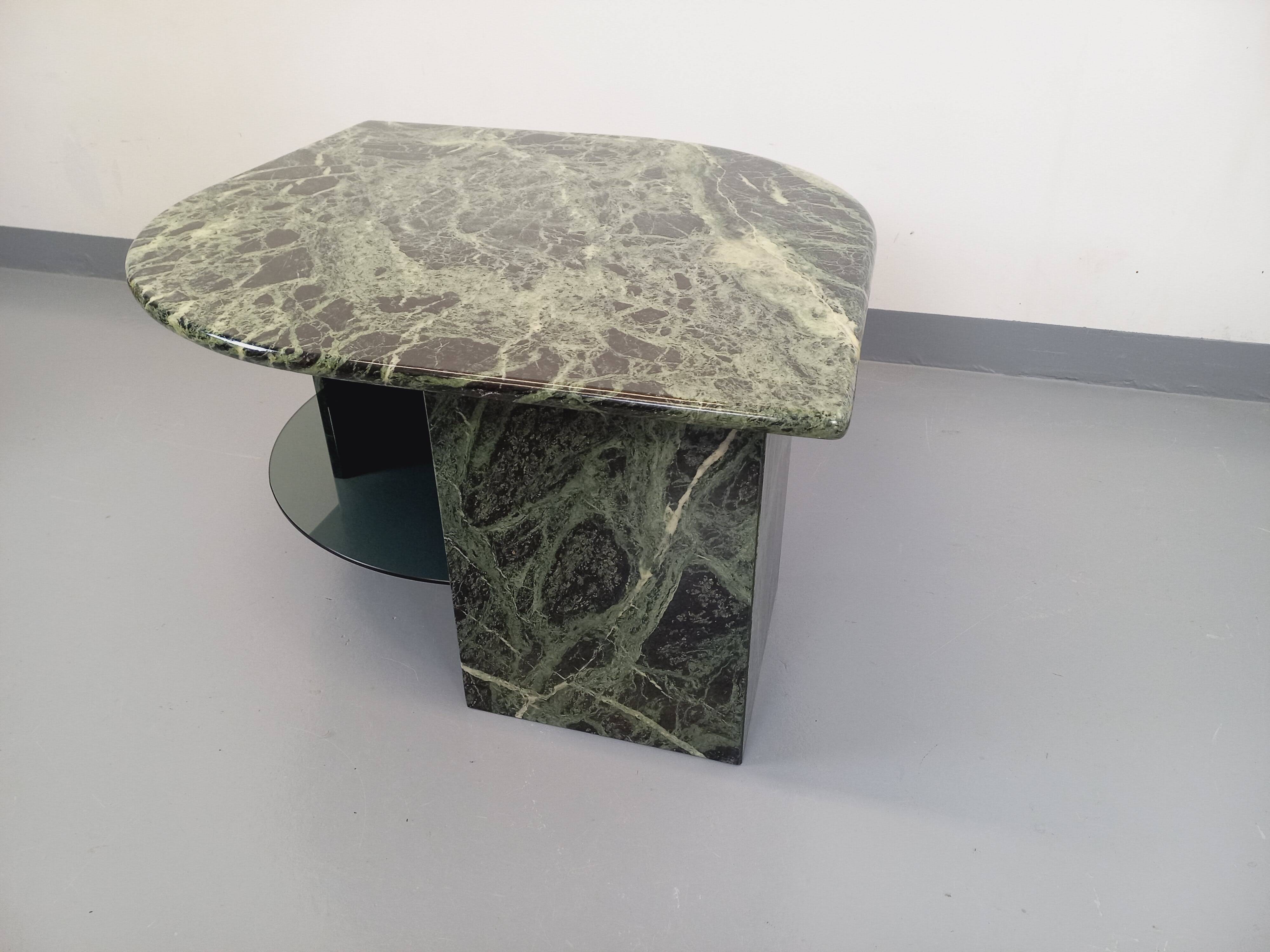 Vintage square coffee table with 2 green marble and smoked glass tops
