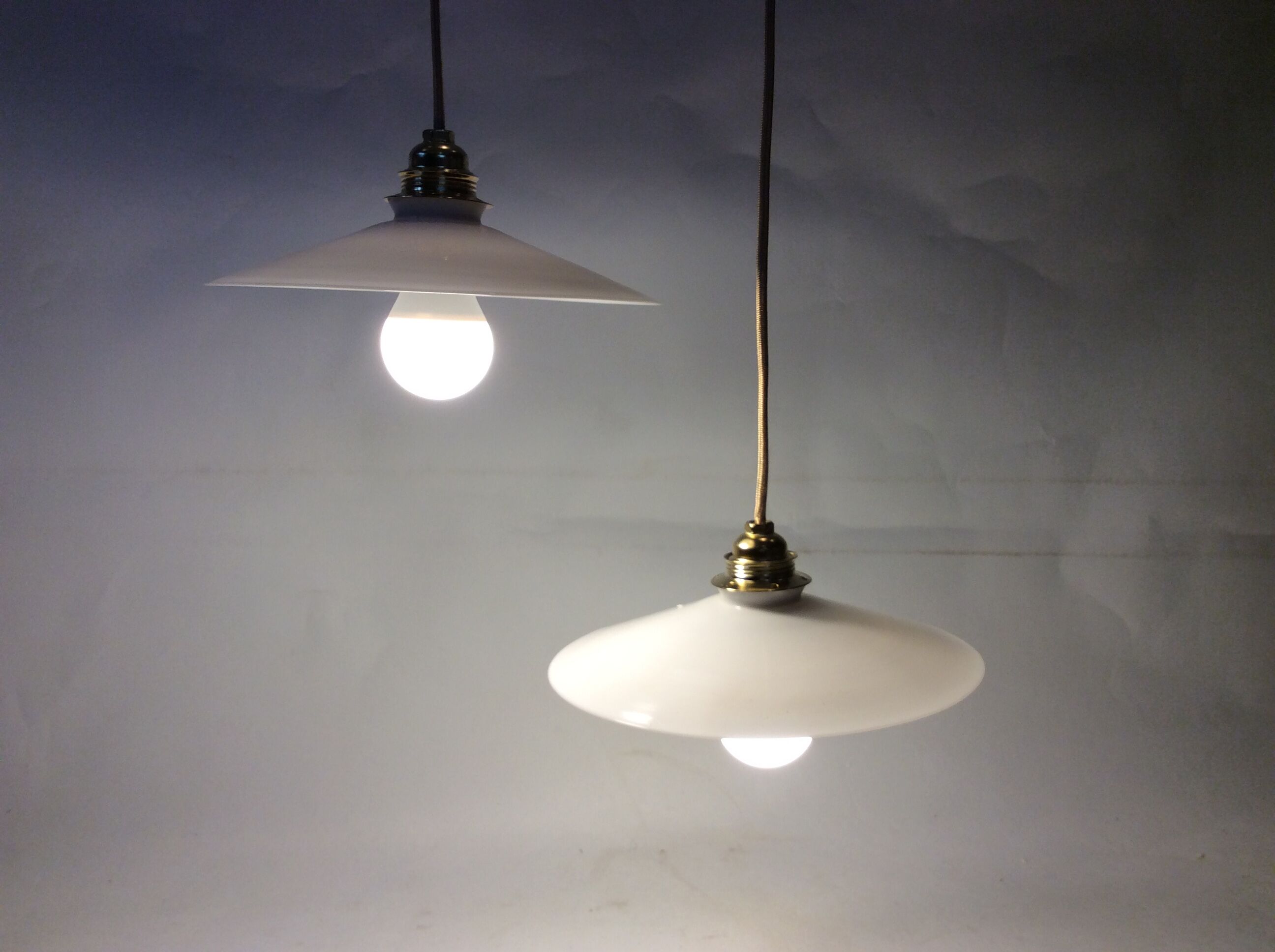 Duo of vintage opaline pendant lights