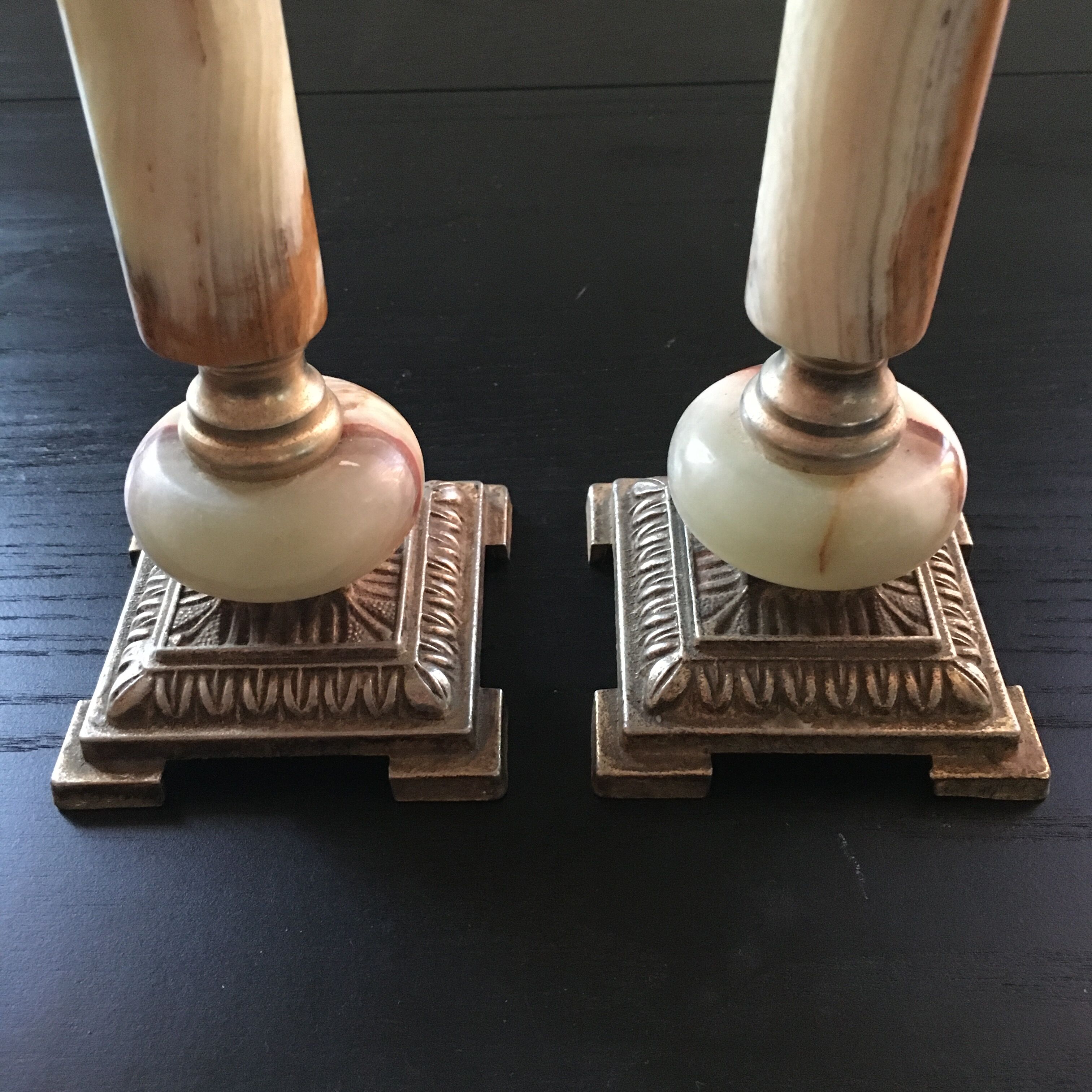 Pair of alabaster and brass candle holders