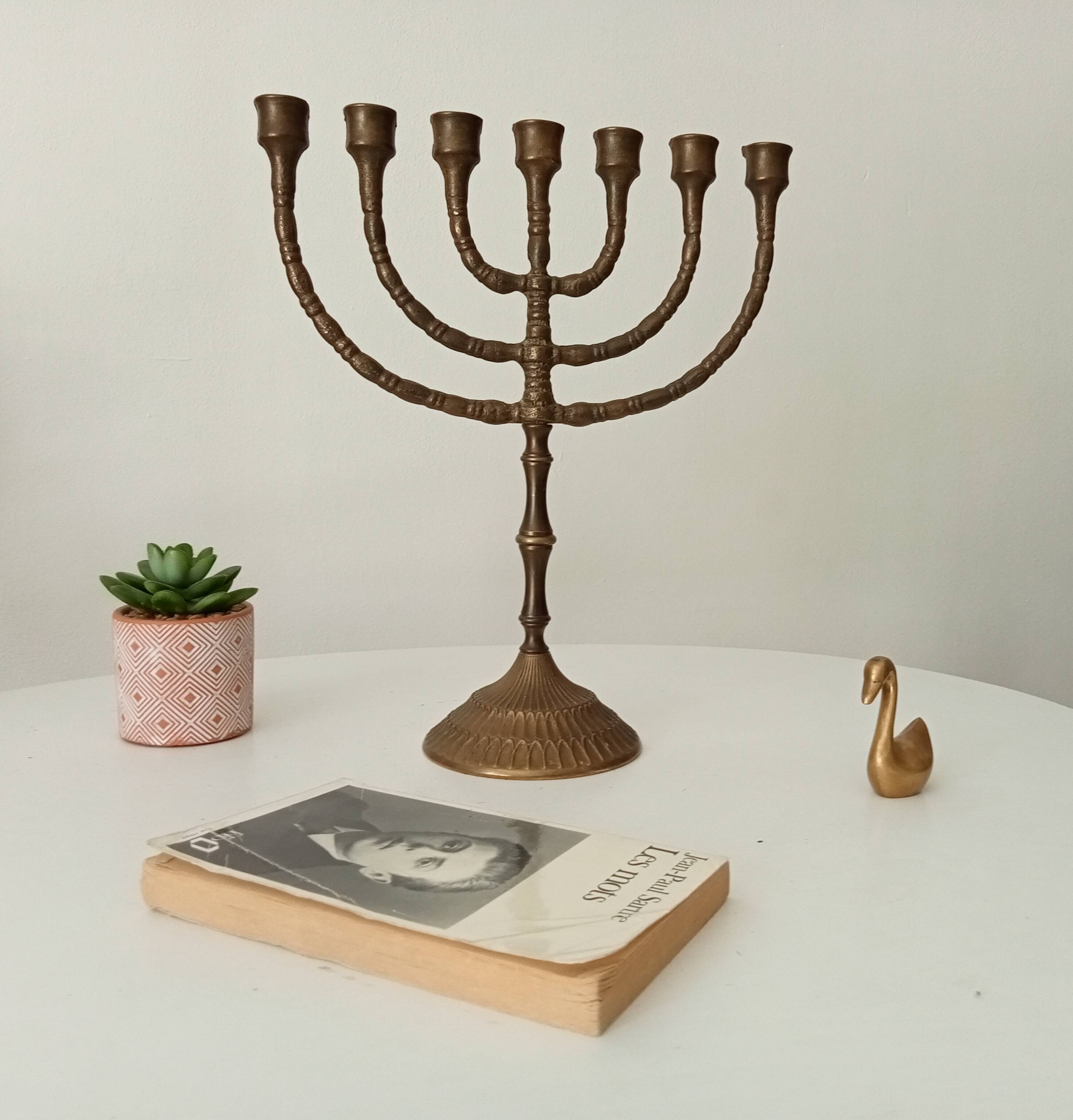 Vintage Hebrew Menorah Candlestick in Solid Brass from the 50s