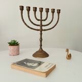 Vintage Hebrew Menorah Candlestick in Solid Brass from the 50s