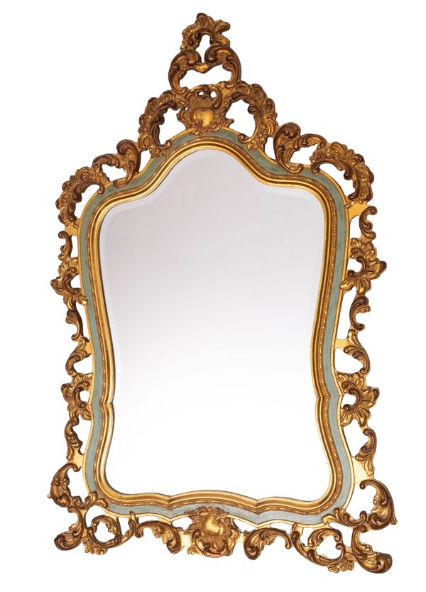 Miroir biseauté de style Louis XV baroque doré avec étiquette ''Brevete'', années 1950.