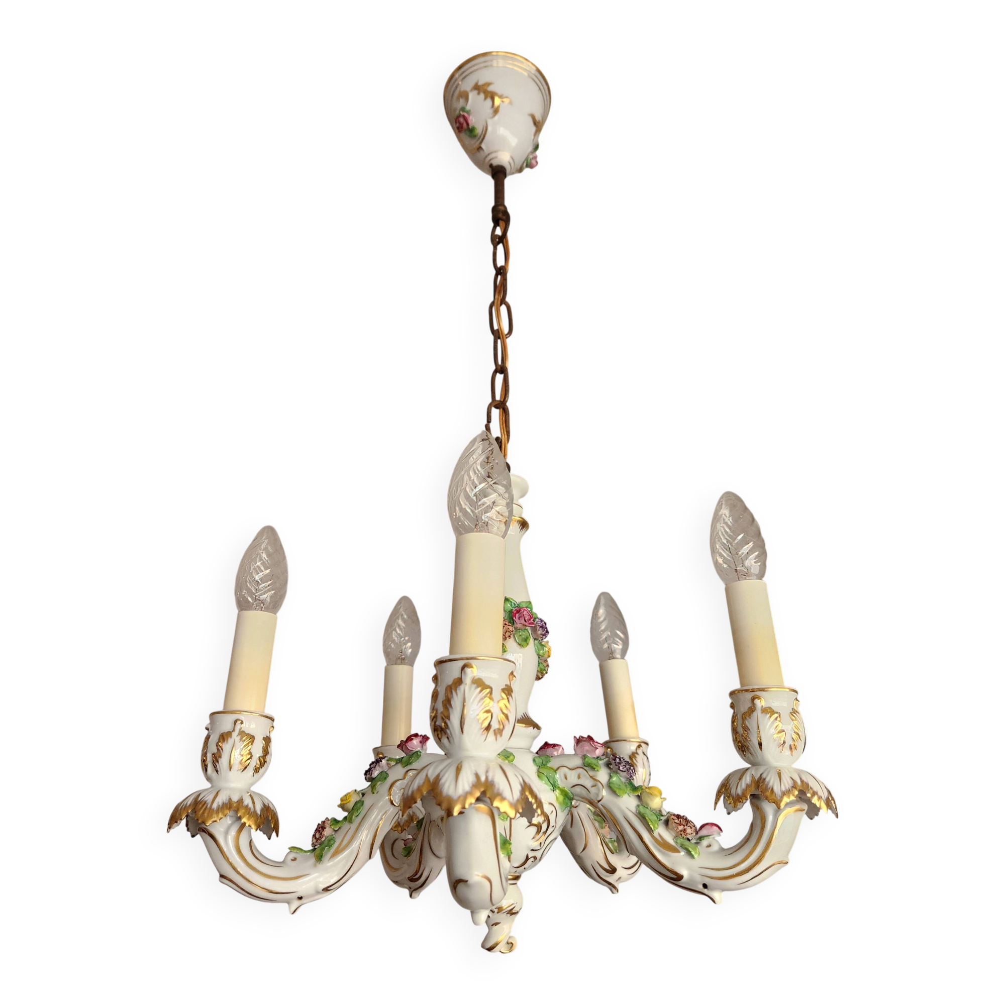 Handgeformt vergoldet vintage Porzellan Kronleuchter Capodimonte 1960er
