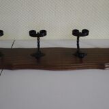 Wooden wall coat rack and its 4 wrought iron hangers, 60s