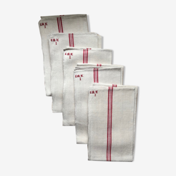 Set of 5 white cotton linen tea towels with red stripes