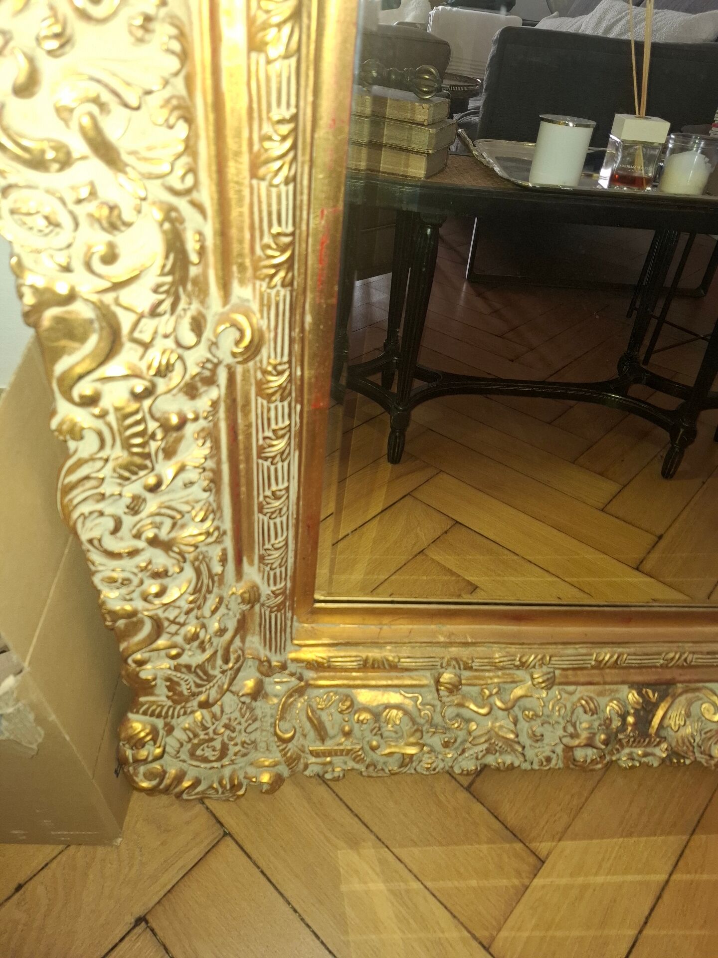 Grand miroir ancien monumental 185x145 bois doré glace biseautée style