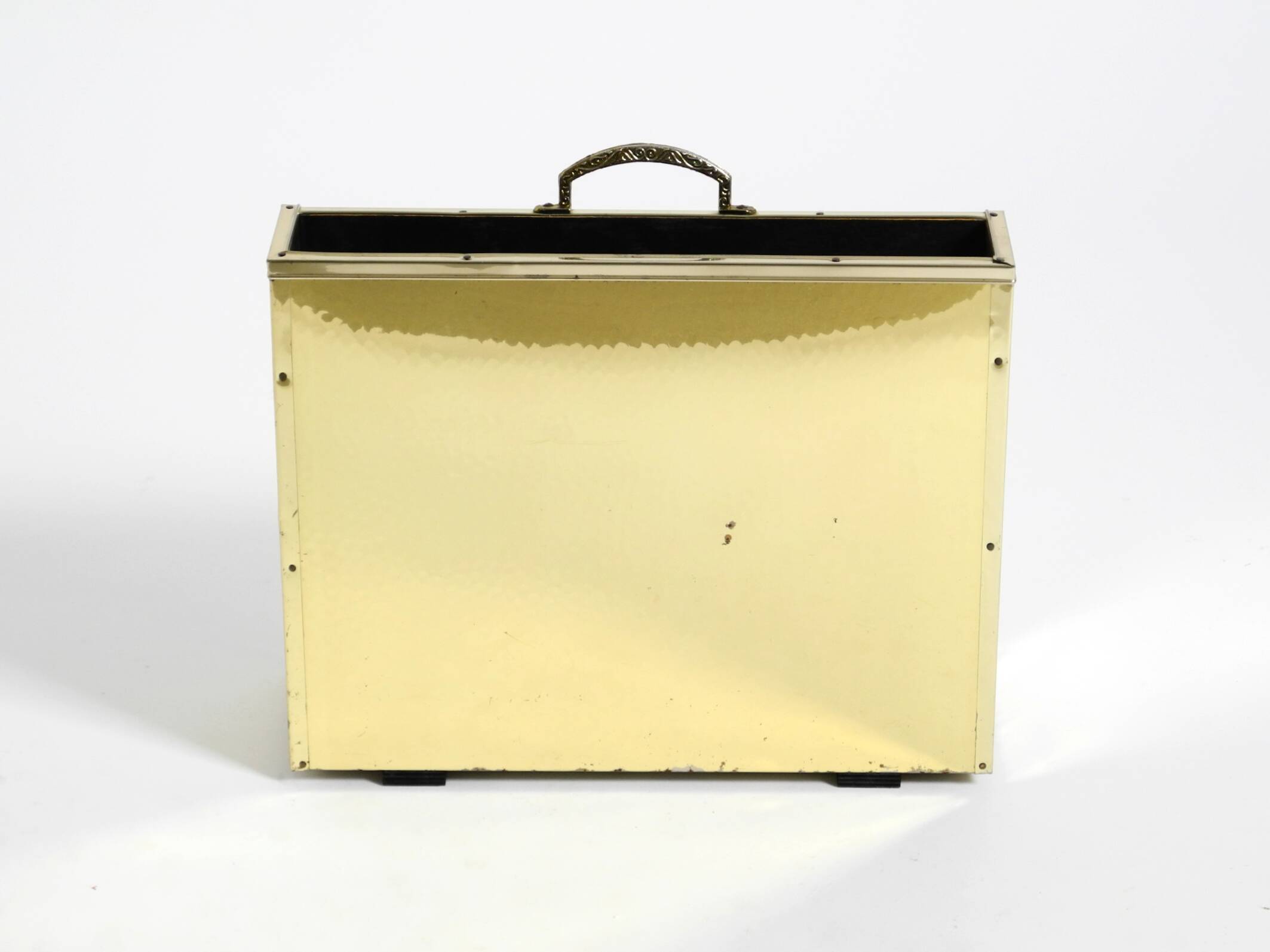 1980s newspaper rack made of brass and wood in Hollywood Regecy design