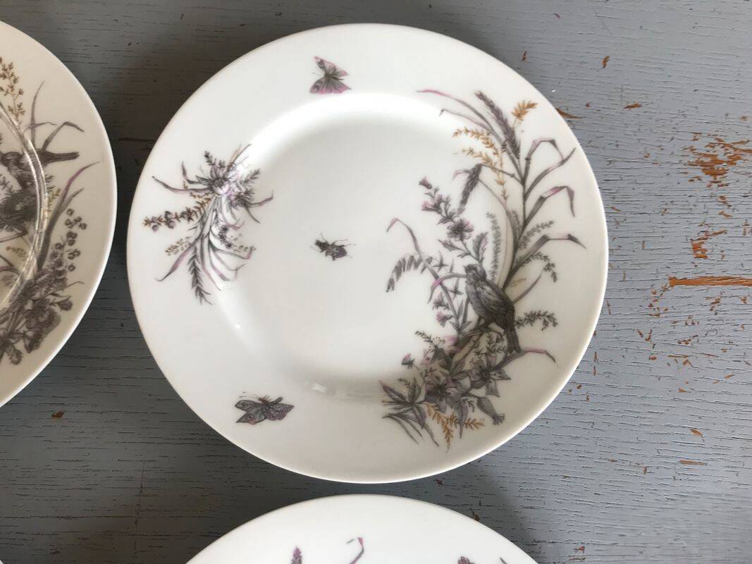 6 porcelain dessert plates with gold medals, exp 1867 1978, birds