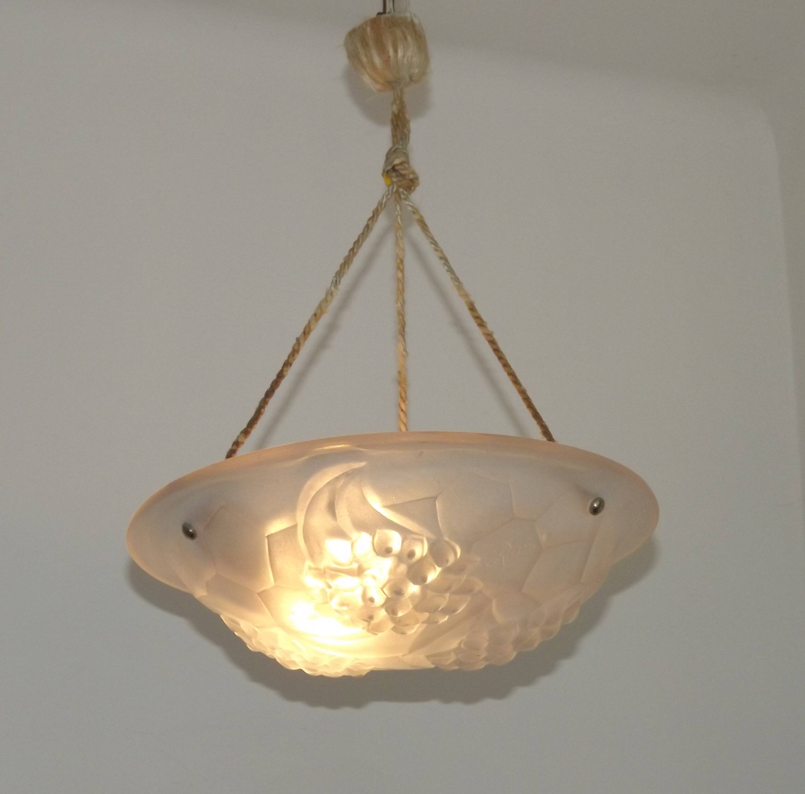French Art Deco Ceiling Light ROS Degue Frosted Molded Glass Plafonnier